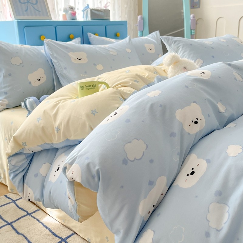 ชุดเครื่องนอนหมีเมฆสีฟ้าผ้าฝ้าย 100% แผ่นแบน/แผ่นติดตั้งเดี่ยว/ราชินี/ขนาดคิงไซส์น่ารักชุดผ้าปูที่นอนปลอกหมอน Cadar ปลอกผ้านวม