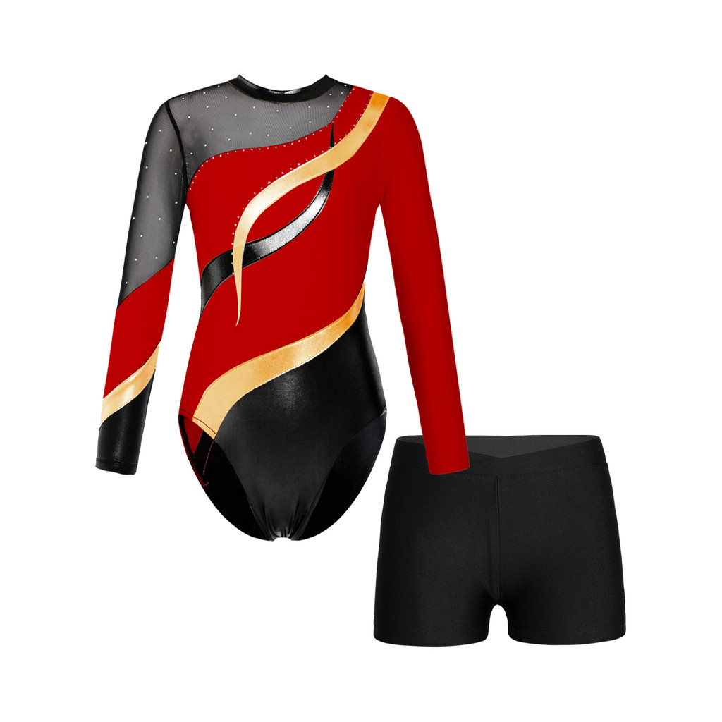 เด็กสาวแขนยาวเงา Rhinestones Leotard กับ V-ด้านหน้าเอวกางเกงขาสั้นสําหรับบัลเล่ต์เต้นรําสเก็ตยิมนาสติกการแสดงบนเวที