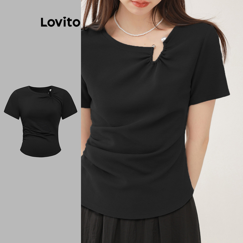 Lovito เสื้อยืดคัตเอาท์ธรรมดาหรูหราสำหรับผู้หญิง L105MD435