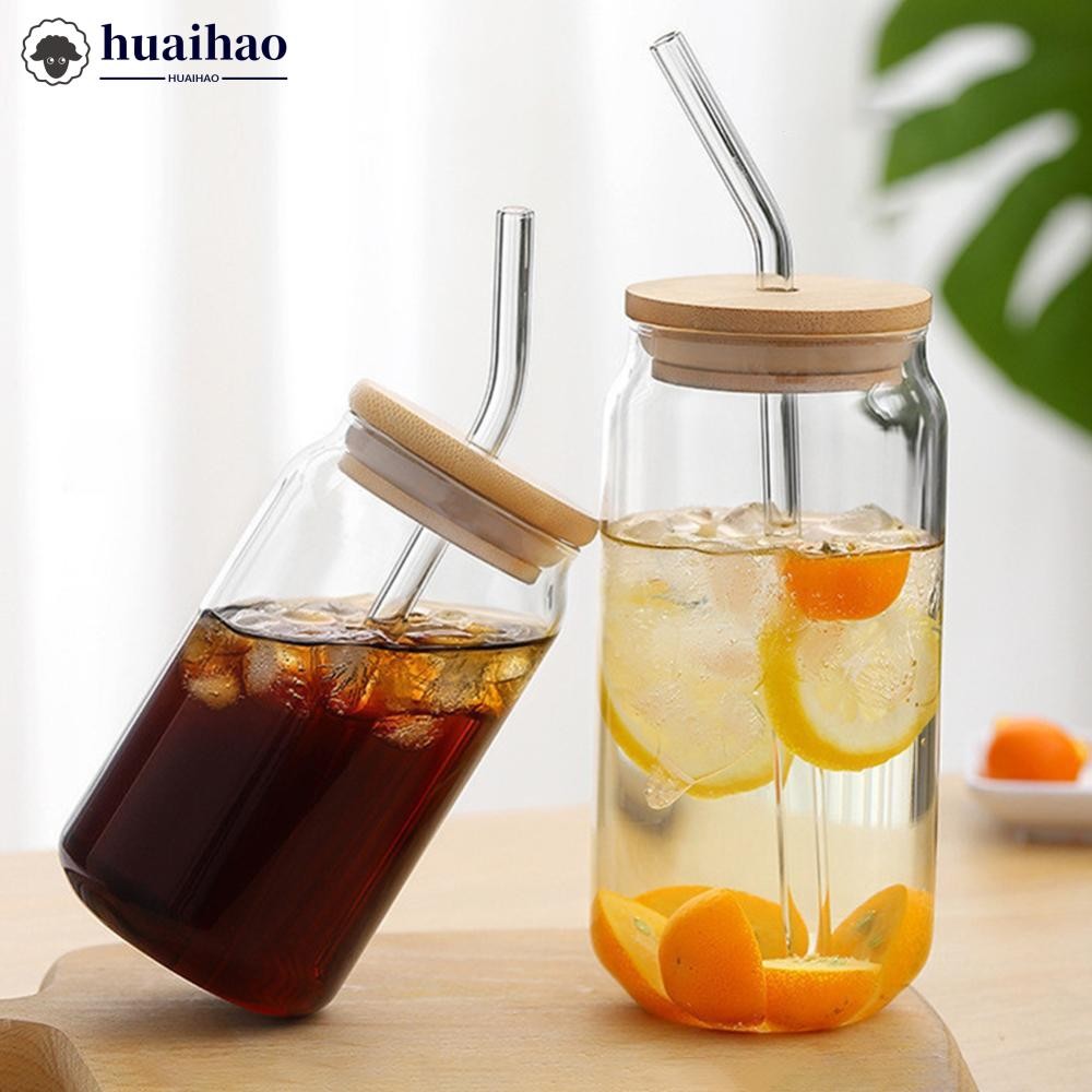 Huaihao 550ml/350ml ถ้วยแก้วพร้อมฝาปิดและฟางโปร่งใส Bubble ถ้วยชาน้ําผลไม้แก้วเบียร์นม Mocha ถ้วยอาหารเช้าแก้ว Drinkware N1Y9