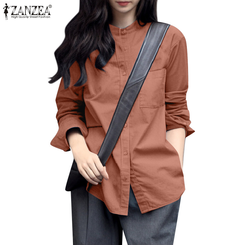 Zanzea เสื้อเชิ้ตแขนยาวคอตั้งสีทึบเกาหลีสําหรับผู้หญิง