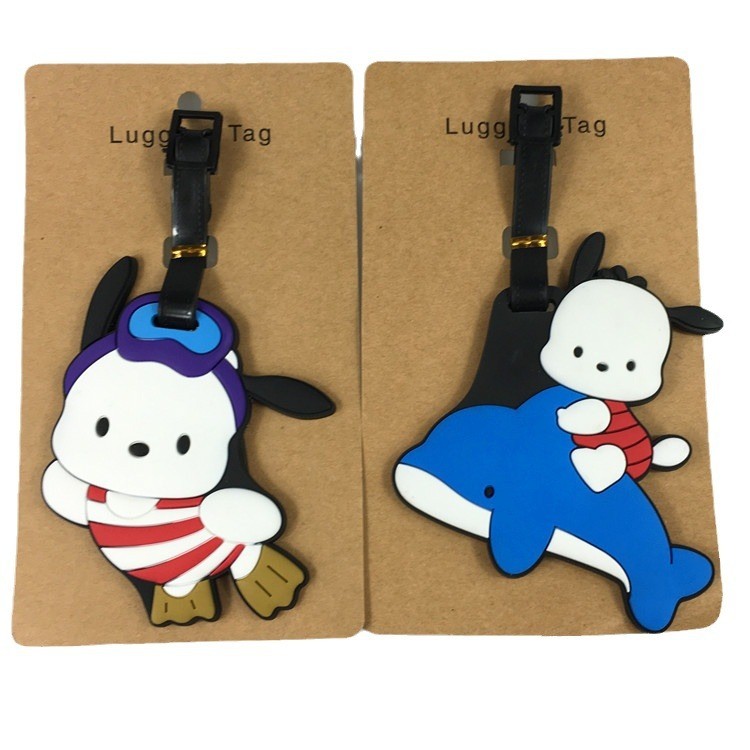 Pochacco อุปกรณ์เสริมการเดินทางแท็กกระเป๋าเดินทางการ์ตูน Kuromi Cinnamoroll Hangyodon PVC กระเป๋าเดินทาง Baggage Boarding แท็กป้ายแบบพกพา