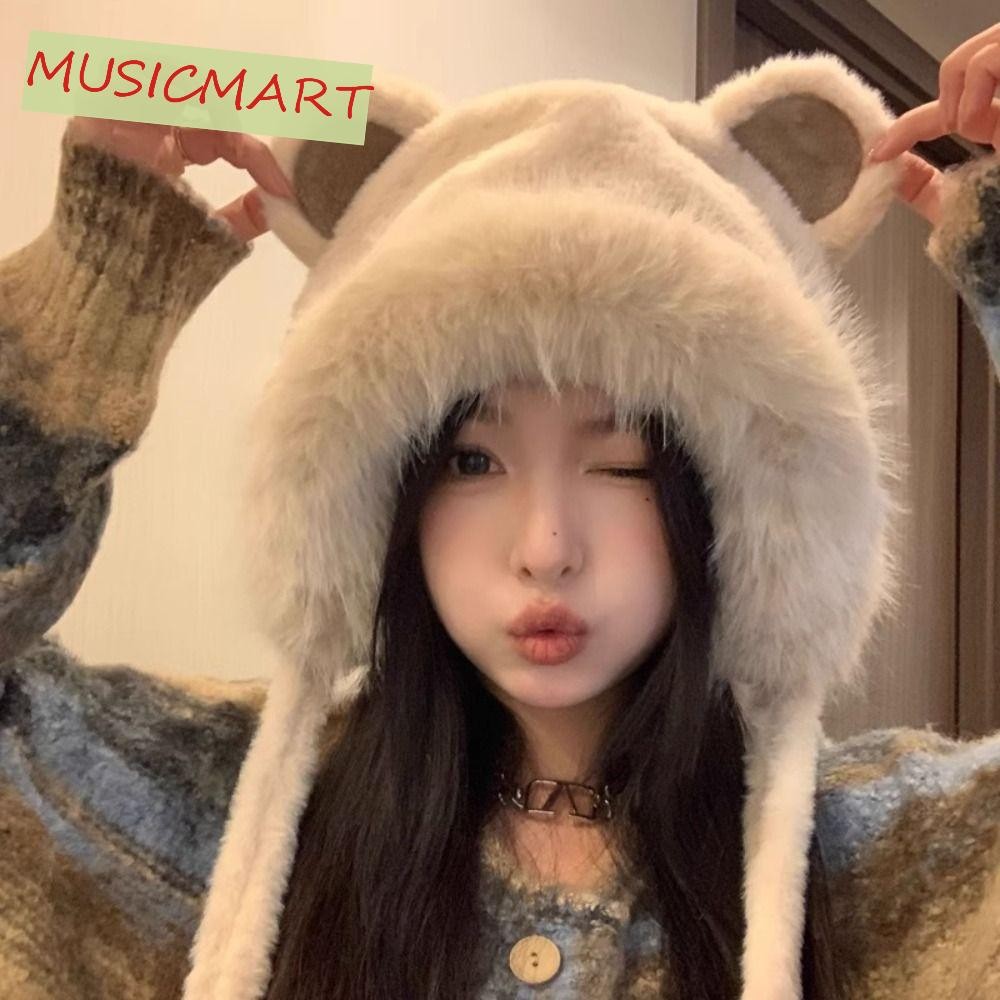 Musicmart หมวกหูหมีน่ารัก,เกาหลีตุ๊กตาขน มารยาท ถังหมวก,แฟชั่นสบายๆอบอุ่นกลางแจ้งผู้หญิงปุยหมวกสาว