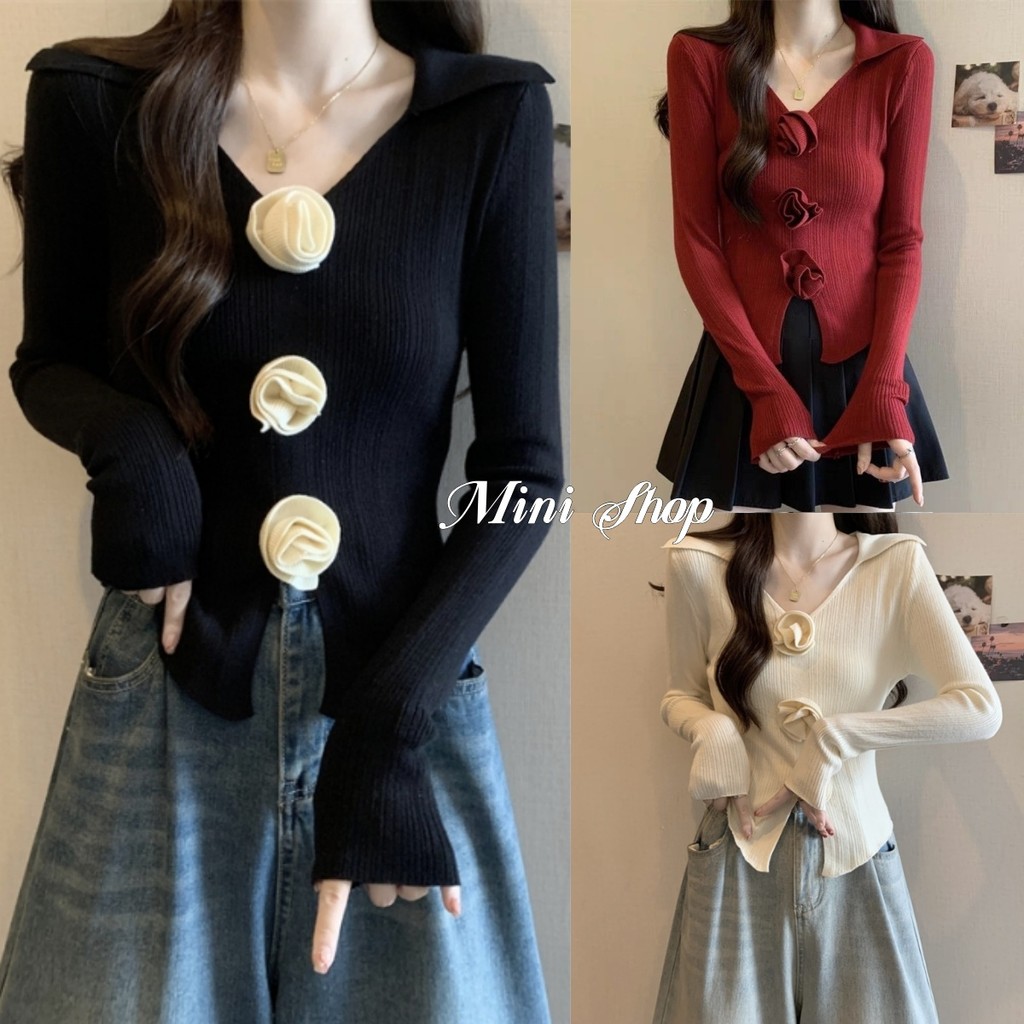 Mini shop🌸พร้อมส่ง🌸 เสื้อไหมพรมแขนยาวน่ารัก คอปก แต่งดอกไม้ ดีเทลผ้าร่องเล็กรัดตัว สวมใส่สบาย(Y-Z35)