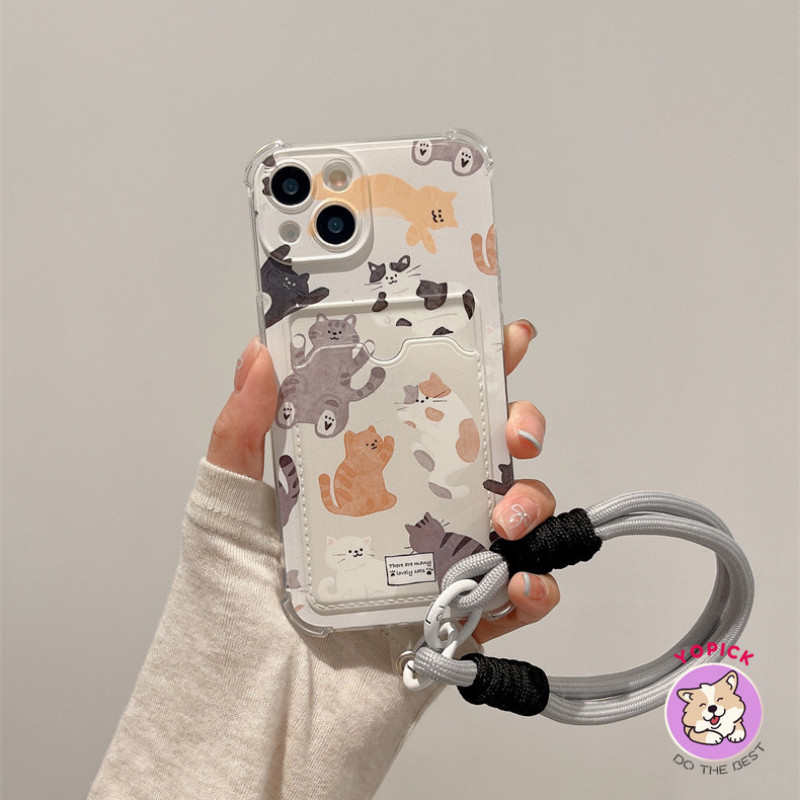 Graffiti cat สายรัดข้อมือสําหรับ IPhone 15 16 Pro Max เคสโทรศัพท์ 11 12 13Mini 13Pro Max 14Plus XR XS Max 6 7 8 Plus SE2020 การ์ดฝาครอบโทรศัพท์โซ่แขวนเชือก KB