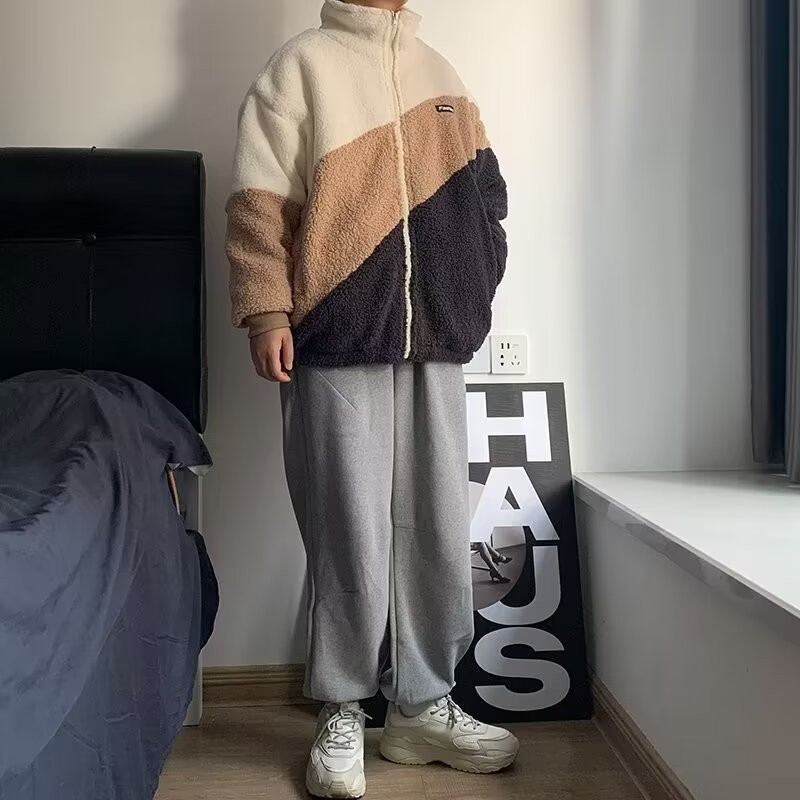 Esea Winter Coat Stand Collar Color Matching Lamb Wool ขนแกะเรียงรายหนาหลวมใหม่