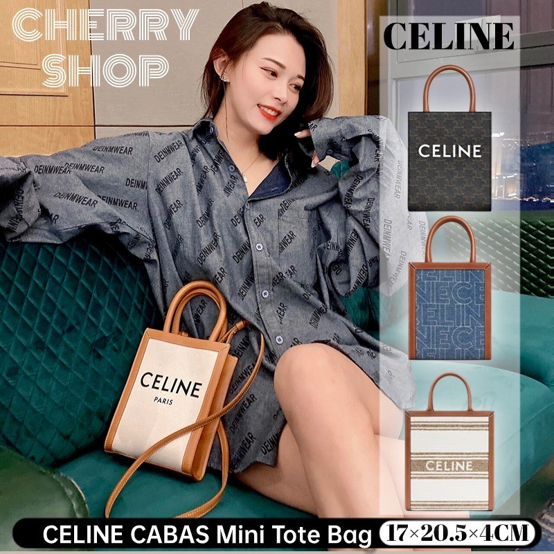 🍒🍒ของแท้ 100% Celine CABAS มินิโลโก้พิมพ์กระเป๋าแนวตั้ง / กระเป๋าถือ / สิริสำหรับผู้หญิง🍒🍒