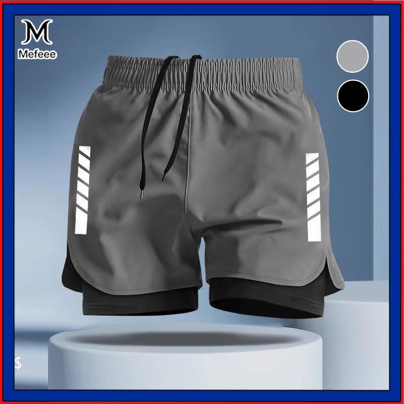 กางเกงวิ่งขาสั้นแห้งเร็วสำหรับทุกขนาดตั้งแต่ M ถึง 5XL ออกแบบ 2 ชั้น สีดำและเทา เหมาะสำหรับทั้งผู้ชายและผู้หญิง
