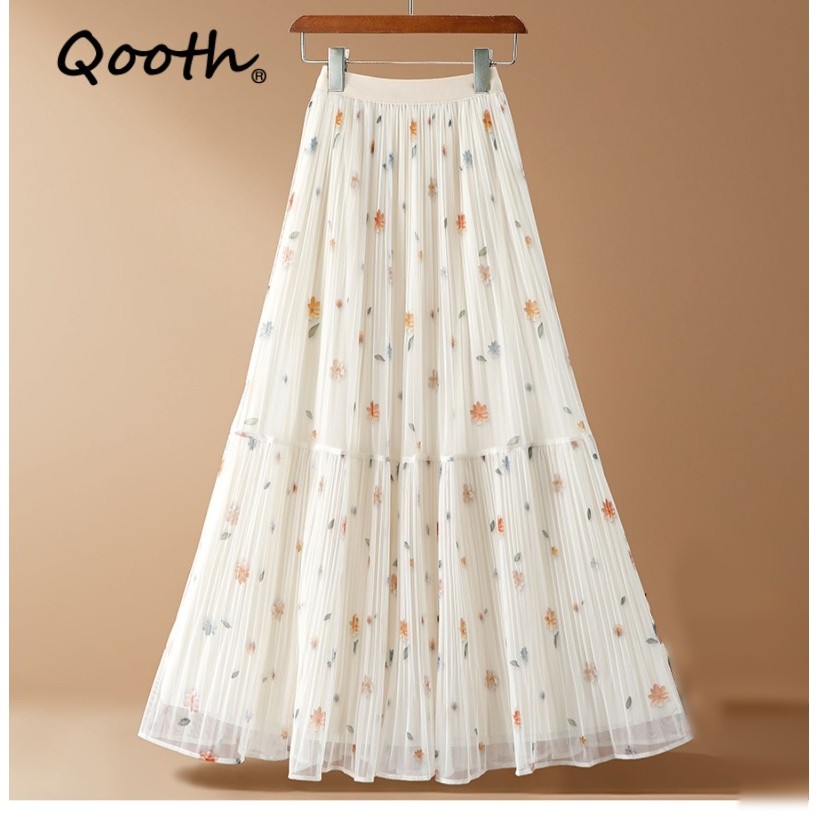 Qooth Retro ผู้หญิงดอกไม้สายจีบกระโปรงสไตล์ชนบทกว้าง Hem ความยาวกลางกระโปรงเอวยางยืด QT2644