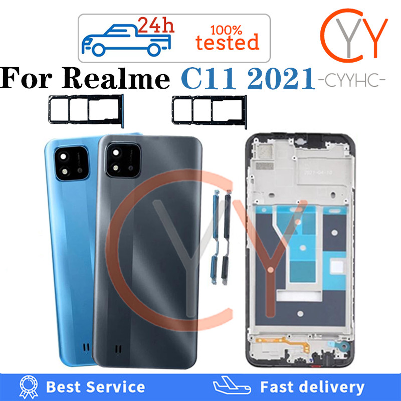 สําหรับRealme C11 2021 ฝาหลังแบตเตอรี่ปุ่มปรับระดับเสียงเปิดปิดปุ่มแบตเตอรี่ฝาครอบประตูด้านหลัง + กรอบด้านหน้าLCD + ถาดซิมเปลี่ยนการ์ด