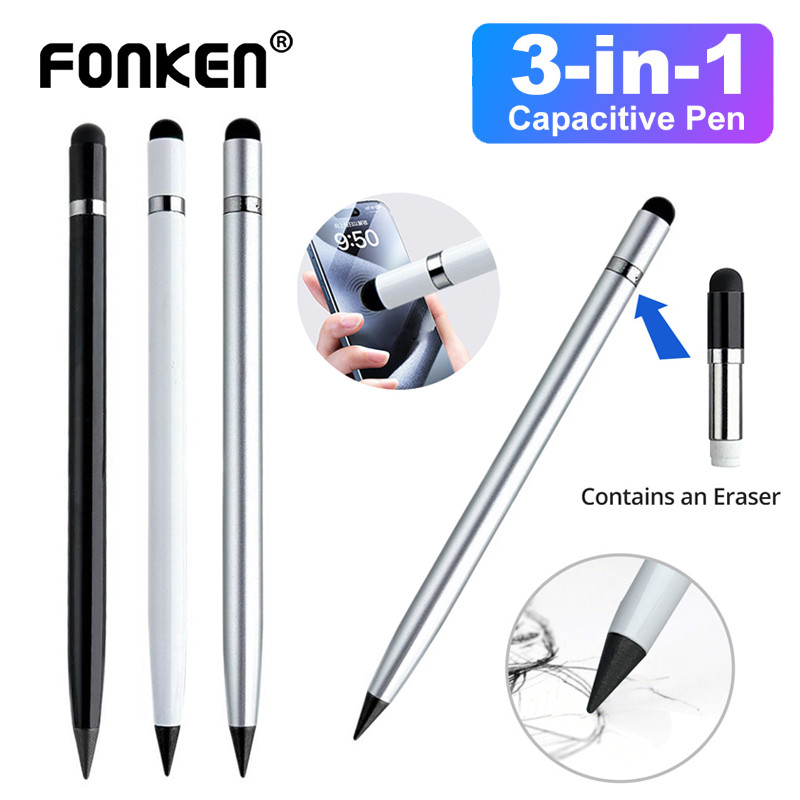 Fonken 3-in-1 Eternal ดินสอโลหะหน้าจอสัมผัสปากกาพร้อมยางลบไม่มีเหลาไม่จําเป็นต้องใช้หมึกสําหรับแท็บเล็ตโทรศัพท์