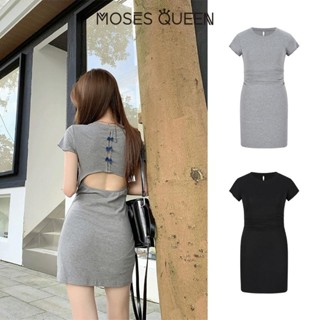 MOSESQUEEN ชุดเดรสแขนสั้นผู้หญิงสไตล์ bow backless hollow ออ…