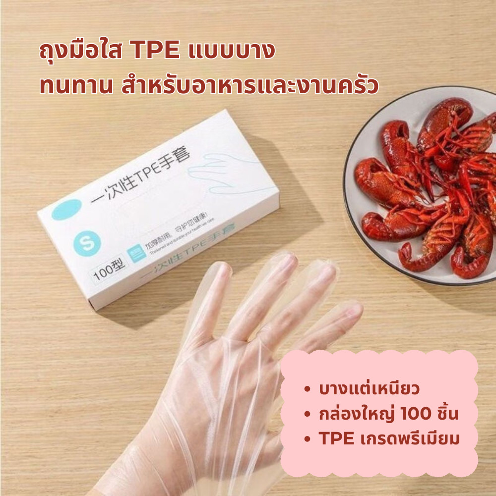 [แพ็ค 100 ชิ้น] ถุงมือ TPE แบบใช้แล้วทิ้ง บางเหนียว ทน ไม่ขาดง่าย จับอาหาร/ซีฟู้ด พร้อมส่ง