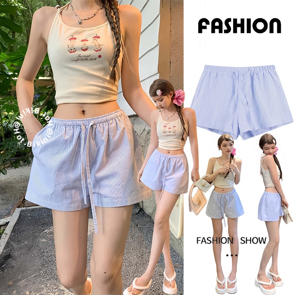 🩵ส่งไวจากไทย🩵ผู้หญิง ลายริ้ว-ปักลูกไม้ กางเกงขาสั้นเอวยางยืด แต่งกระดุม ทรงสวยทรงแปะ ผ้าใส่สบาย