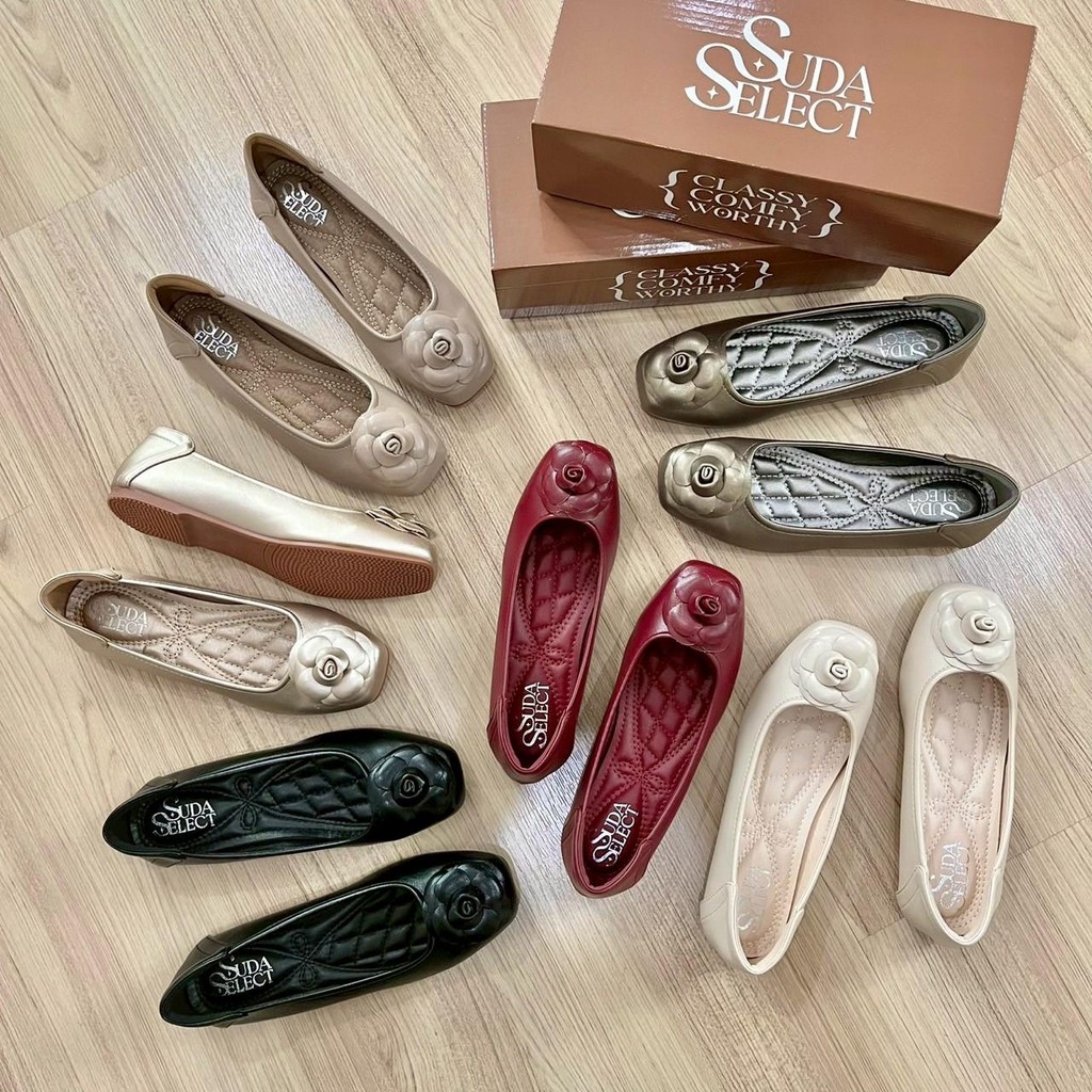 SudaSelect: รองเท้าคัตชูหัวมน ส้นแบน ตกแต่งด้วยดอกคามีเลีย รหัสSD2501