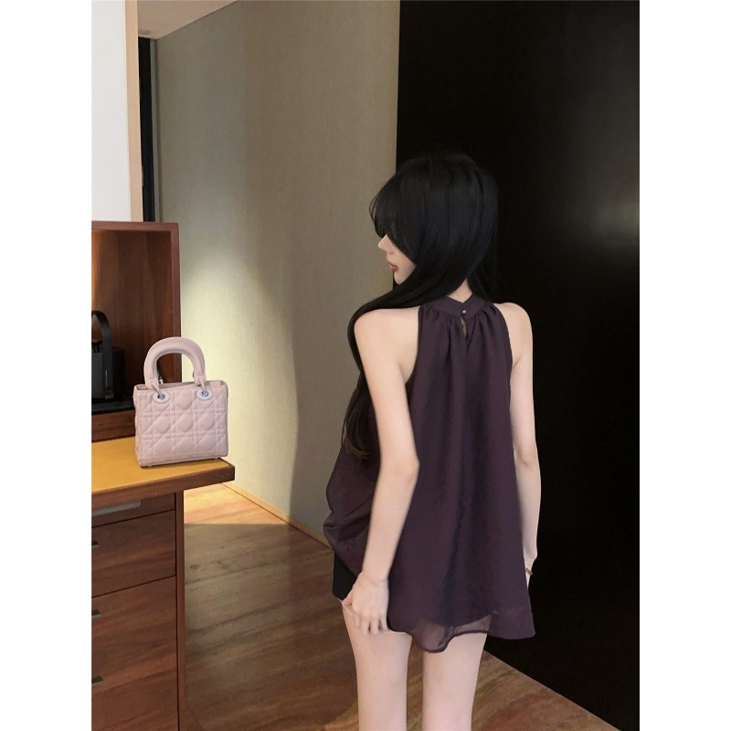 Classy กระโปรงเชิ้ตแขนกุดชีฟองสำหรับผู้หญิง ฤดูร้อน มีคริสตัลประดับ Halterneck - รูปที่ 3