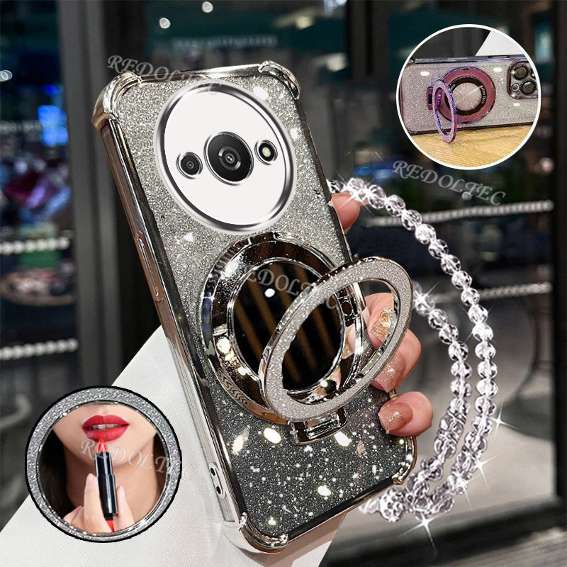 เคส Redmi A3 POCO C61 ใหม่Gradient Glitterปลอกพร้อมกระจกแต่งหน้าที่วางขาตั้งแม่เหล็กXiaomi RedmiA3 POCOC61 ตัวป้องกันเลนส์พร้อมวงเล็บเชือกเส้นเล็กฝาครอบโทรศัพท์กันกระแทก - รูปที่ 7
