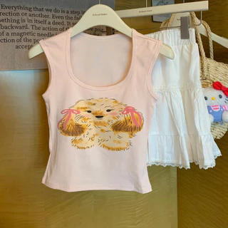 #476 เสื้อกั๊กแขนสั้น ดีไซน์การ์ตูนน่ารักลายลูกสุนัข พร้อมแผ่นฟองน้ำหน้าอก ยืดหยุ่น สไตล์เกาหลี สุดน่ารัก ราคาถูก