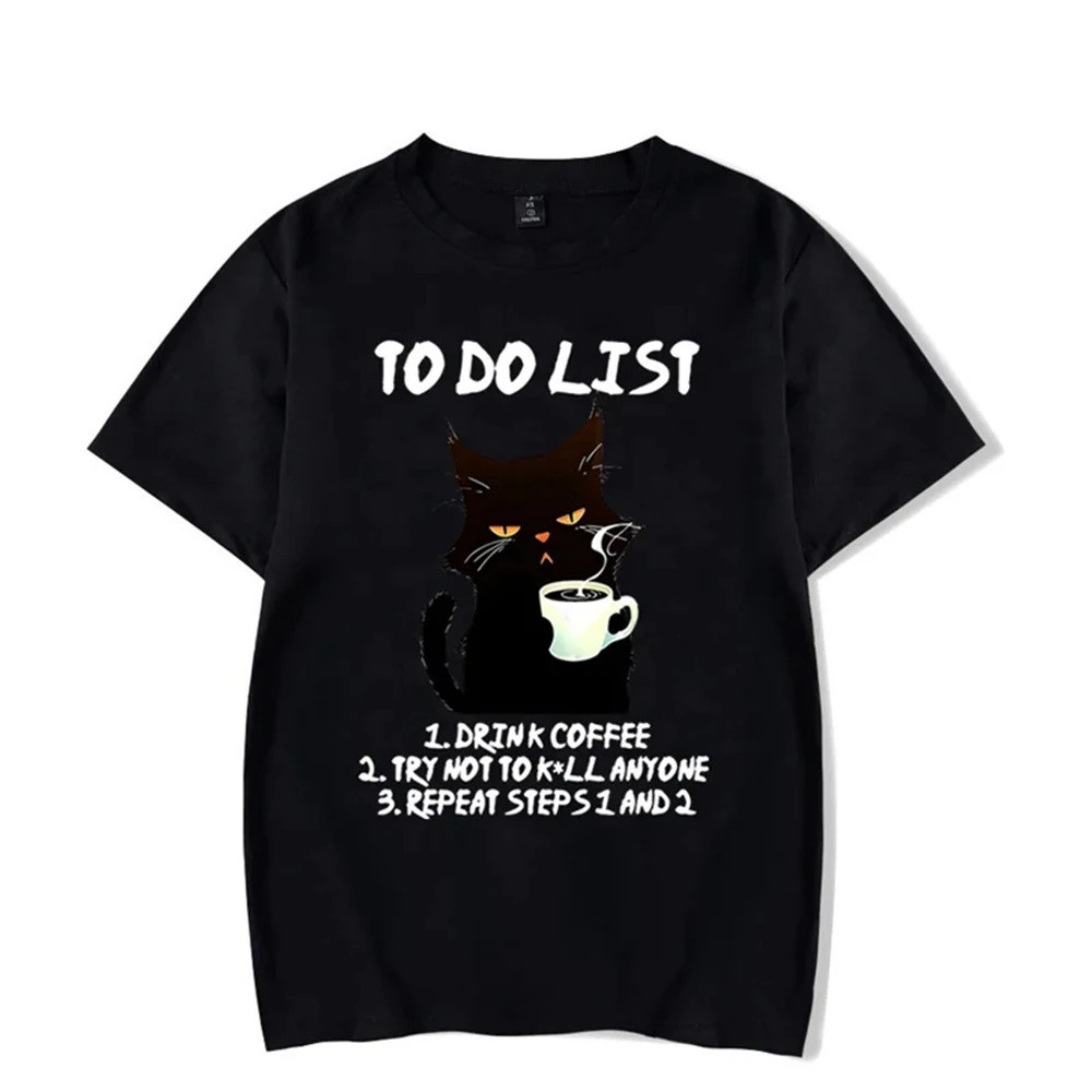Black Cat Assign List Graphic T-Shirt Cute Coffee Cat T-Shirt Top Oversize T-Shirt Harajuku Fashion 