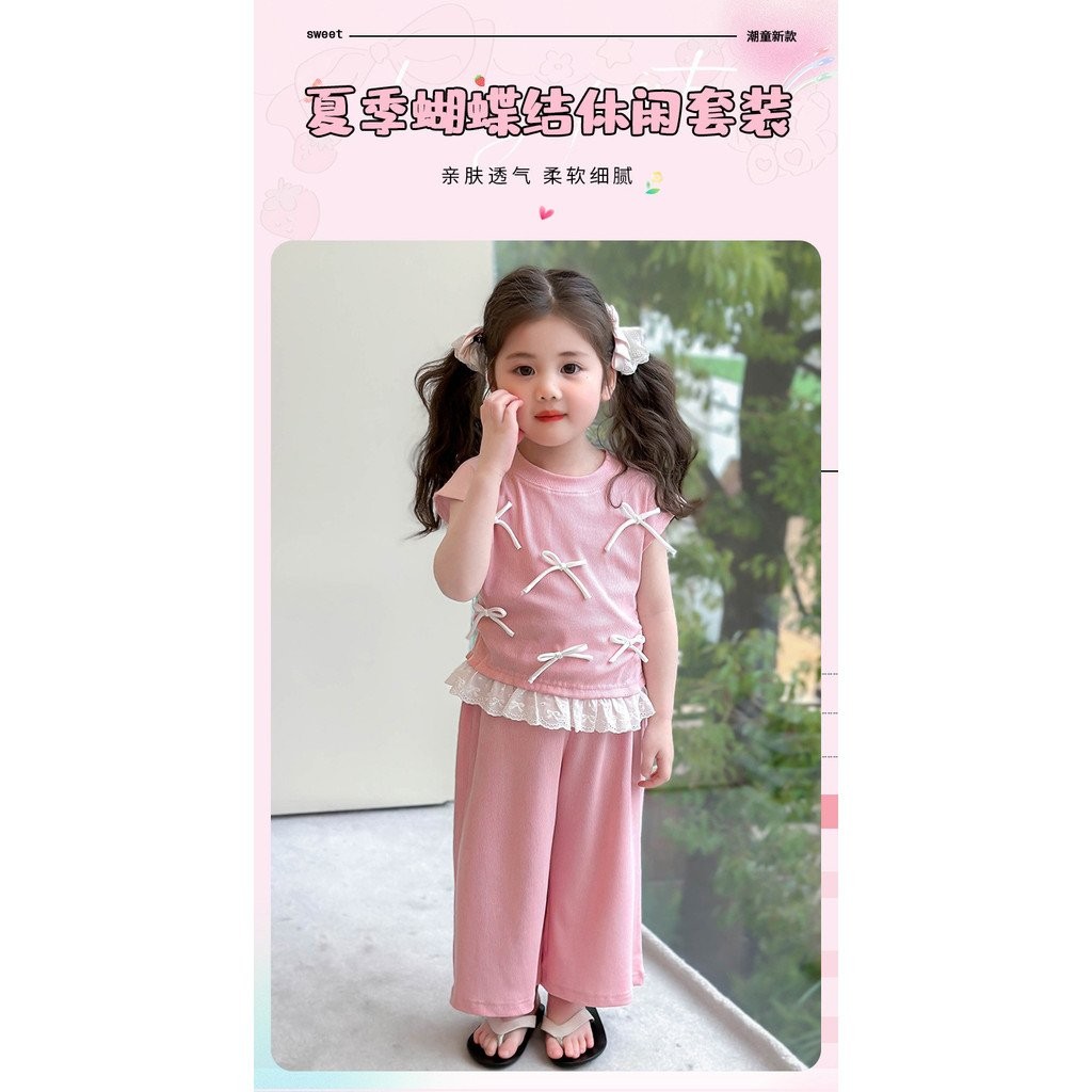 ✨JoyKids✨ เสื้อยืดเด็กหญิงโบว์3D คู่กางเกงขากว้างสไตล์เกาหลี 2025เนื้อผ้าไมโครโมดัล นุ่มลื่น - รูปที่ 6