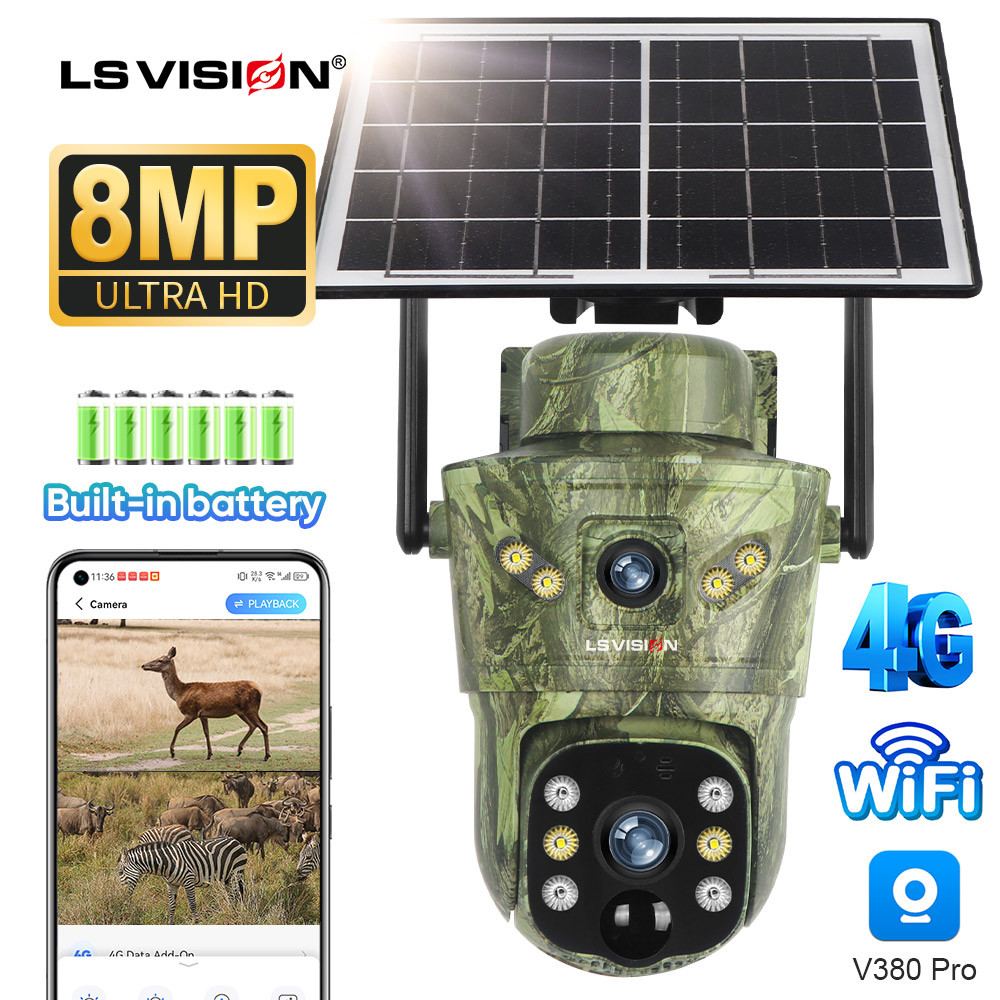 ​LS VISION กล้องวงจรปิดกลางแจ้งลายพราง V380 Pro 4G กล้องพลังงานแสงอาทิตย์ 2K, เลนส์ PTZ คู่, แบตเตอรี่ Weatherproof Stealth 6000mah