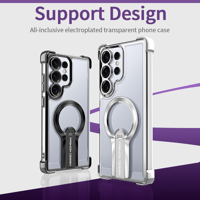 Electroplated Multi-Function Magnetic Bracket โปร่งใสสําหรับ Samsung S25 Ultra Plus S24 S23 S22 Ultra Plus S24FE S23FE A16 A55 A54 ชาร์จไร้สายกันกระแทก