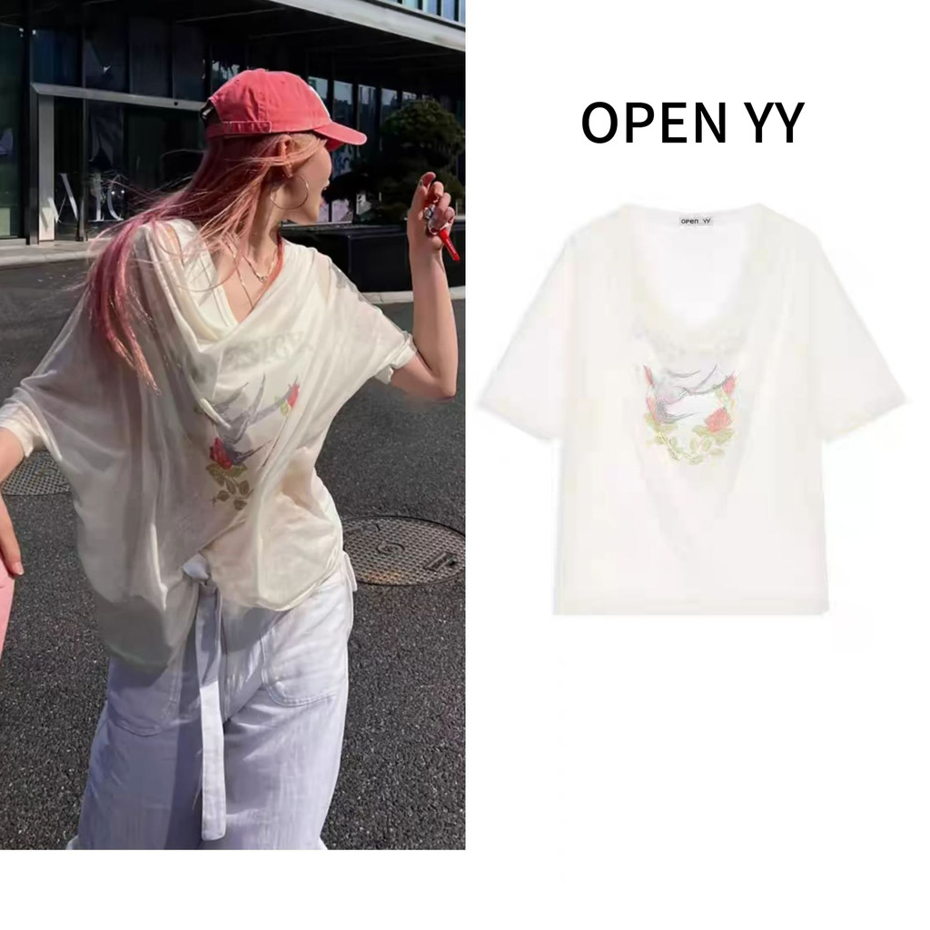 ✨✨พร้อมส่ง🎁🎁แบรนด์เกาหลี Open YY เสื้อเบลาส์แขนสั้นพิมพ์ลายกุหลาบบางเฉียบ