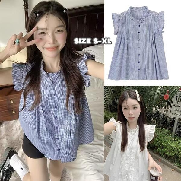 mimi&didi#เสื้อเชิ้ตลายสก็อตสีฟ้า แขนเสื้อทรงตุ๊กตา ทรงหลวมๆ สไตล์เรโทร แขนกุด หวานและน่ารัก แฟชั่น สำหรับผู้หญิง#W623