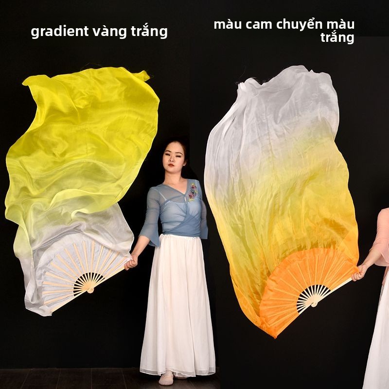 พัดเต้นรำผ้าไหมยาว สีเหลืองไล่เฉดแบบพัดจีนโบราณ | เหมาะสำหรับรำ หรือการแสดง