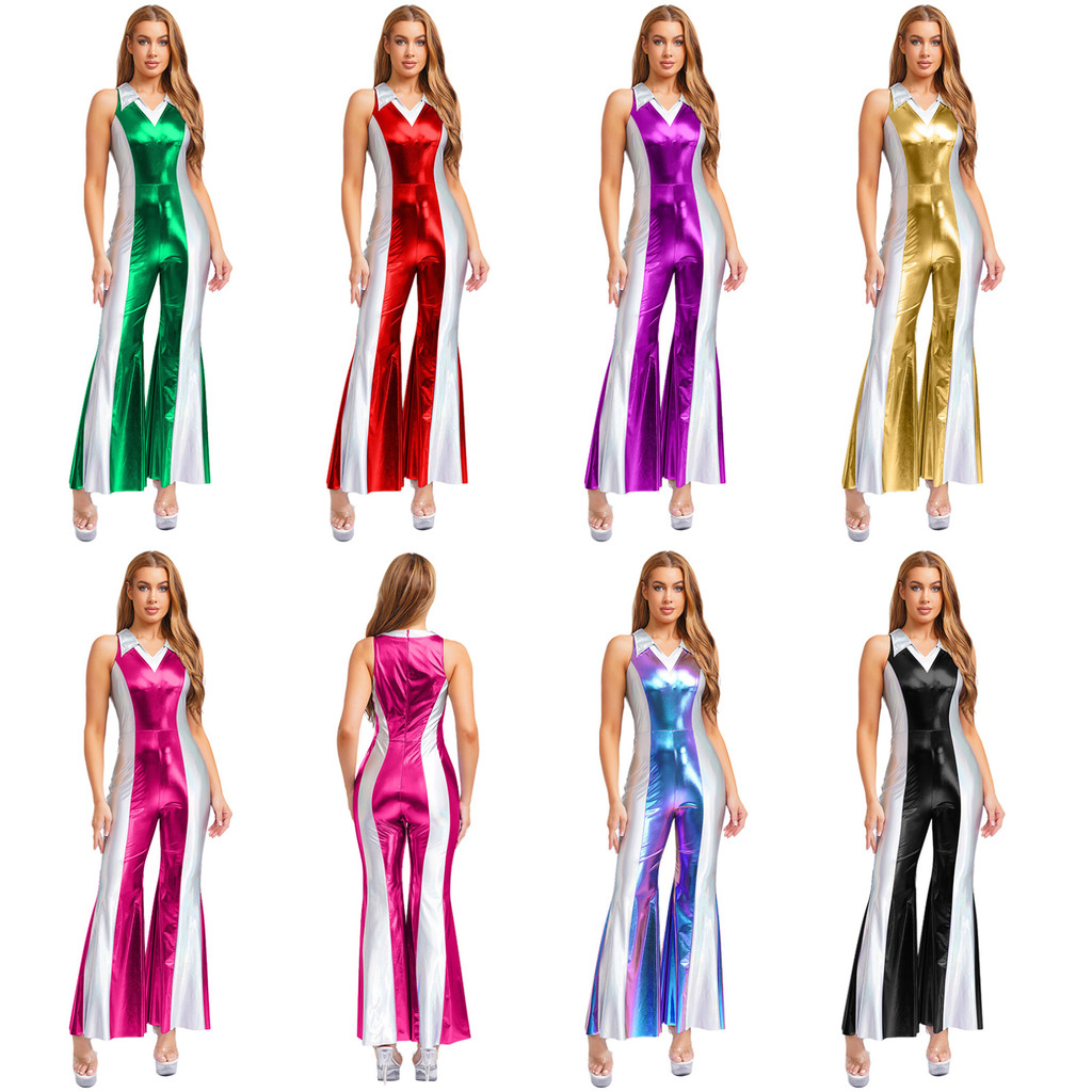 ผู้หญิง 70s 80s Disco Prom Jumpsuit Jazz Tango Dancewear แขนกุดโลหะ Contrast สี Rompers สําหรับปาร์ต