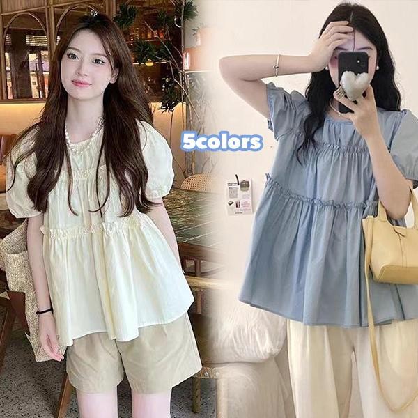 mimi&didi#เสื้อแขนตุ๊กตาโอเวอร์ไซส์ เสื้อเชิ้ตทรงหลวม อเนกประสงค์ คอกลม แขนพัฟ ฤดูร้อน เรียบหรู เสื้อน่ารักๆผู้หญิง#W630
