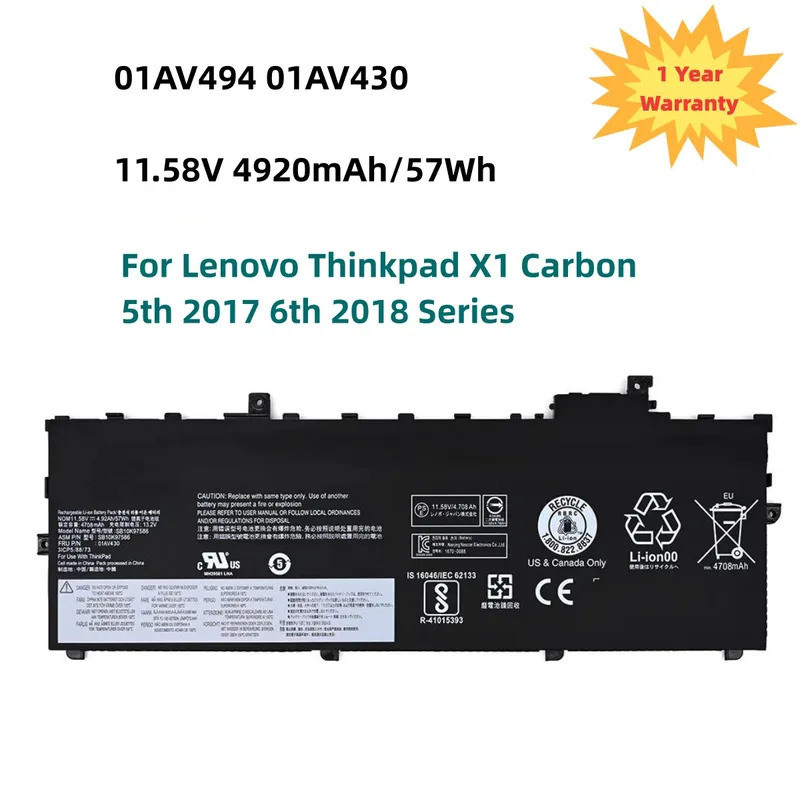 01AV494 01AV430 11.58V 57WH Battery For Lenovo Thinkpad X1 Carbon 5th 2017 6th 2018 Series 01AV429 S