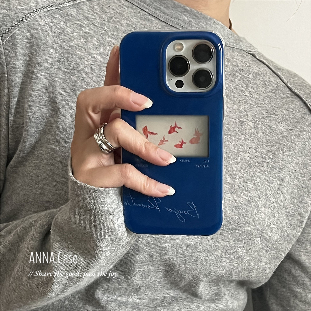 เคสปลาทองฟรีสีน้ําเงินเข้มสําหรับ iPhone 13 14 15 16 Pro Max เคส Apple iPhone เคสนิ่มเคสป้องกันการตก