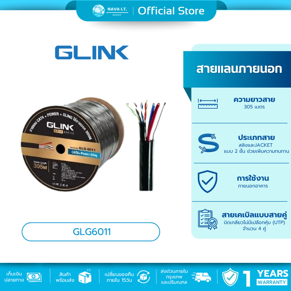 (มีส่งด่วน) GLINK GLG6011 OUTDOOR CABLE + POWER + SLING สายแลนภายนอก CAT6 GOLD SERIES ความยาว 305เมตร (ไม่เข้าหัวไปให้)