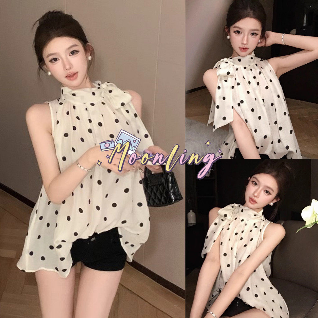 Moonling พร้อมส่งจากไทย เสื้อแขนกุด ลายตุด ผ้าซีทรู สีครีม น่ารักๆ ผ้าทิ้งตัว หวาน ลำลอง *FY2916*