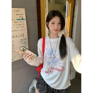 Cicishop(CM2082) เสื้อยืดแขนยาวพิมพ์ลายดอกไม้ตัวอักษรผ้ายืด ผ้าโปร่งบางๆสไตล์แฟชั่นเกาหลี
