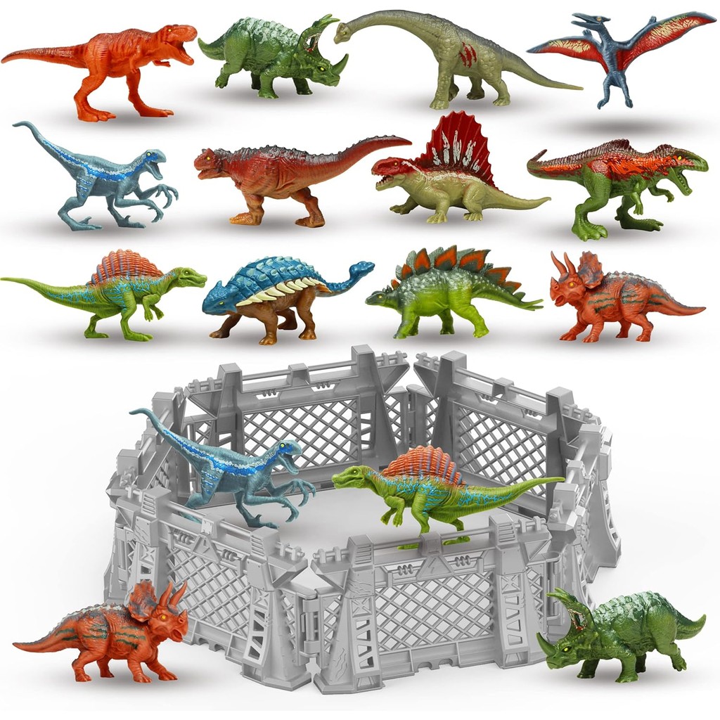 Oriate 12PCS Mini Dinosaurs Figures ตุ๊กตาของเล่นเด็ก 3-5 5-7, Capture n Escape Dino World Playset, 