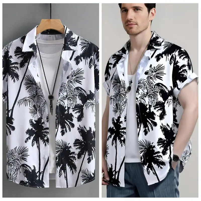 เสื้อลำลองหลวมสไตล์ฮาวาย พิมพ์ลายดอกไม้และพืช เหมาะสำหรับชายหาดและแฟชั่น ทั้งผู้ชายและผู้หญิง