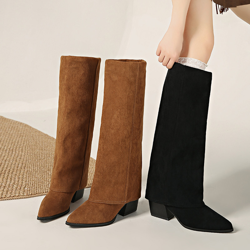 สไตล์ใหม่ Pointed Toe หนา Soled ความสูงหนังนิ่มป้าหลอดยาว Slimmer ดูหลอดยาวรองเท้ากางเกงกางเกงสีทึบแฟชั่นสวมใส่กลางแจ้ง Anti-Slip Wear-Resist