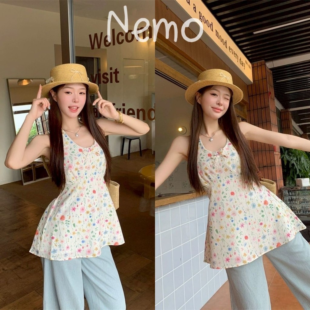 Nemo store🌸#8K185 มินิเดรส คล้องคอ ลายดอกไม้ สีน่ารักใส่สบายมาก