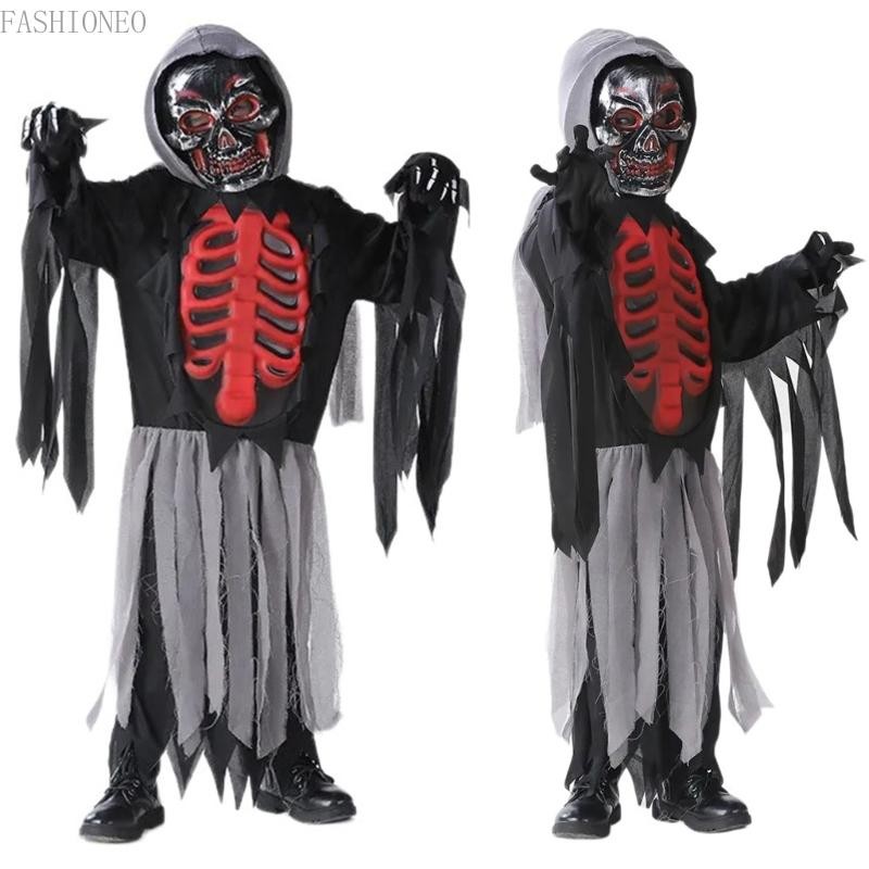 4 Pcs Halloween Grim Reapers Costume Set Skeleton Cloak  Gloves for Kid Boy