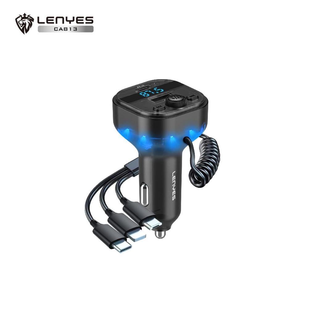 LENYES CA813 ที่ชาร์จแบตในรถเครื่องส่งสัญญาณ FM บลูทูธ 5.3 โมดูลพอร์ตคู่พร้อมสายในตัว (Lightning, Ty