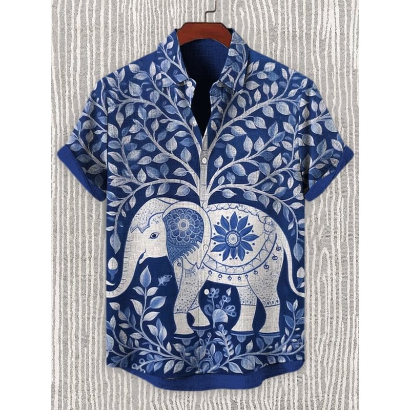 เสื้อวินเทจลายช้าง ลายไทยสไตล์ลากอง ระบายอากาศได้ดีสำหรับผู้ชาย ในโทนสีหลากหลาย