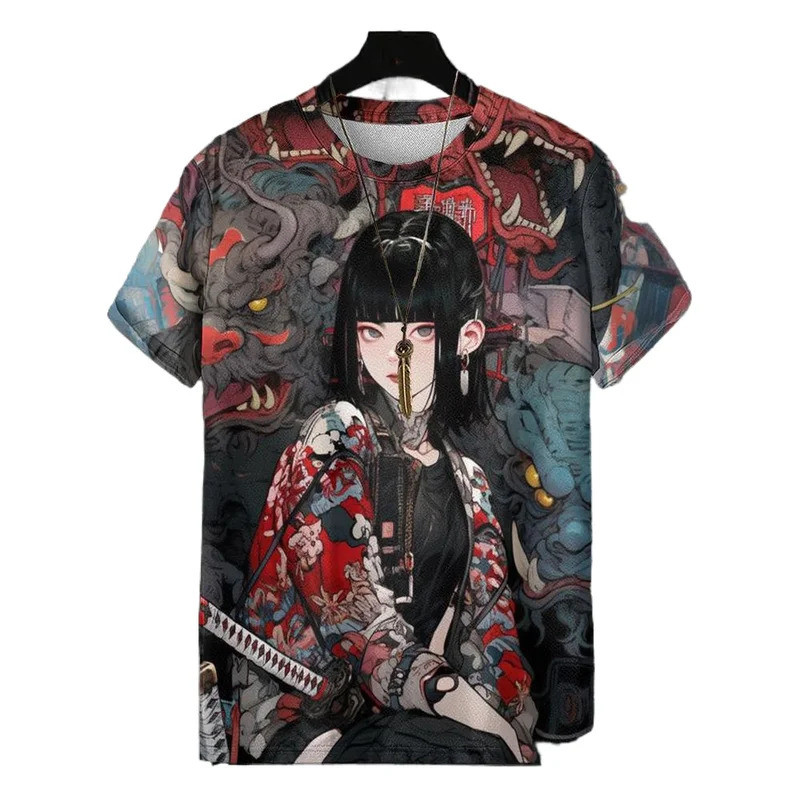 เสื้อยืดแขนสั้นผู้ชายลาย Samurai Tattoo 3D พิมพ์ สไตล์ Hip Hop, Y2K, Harajuku