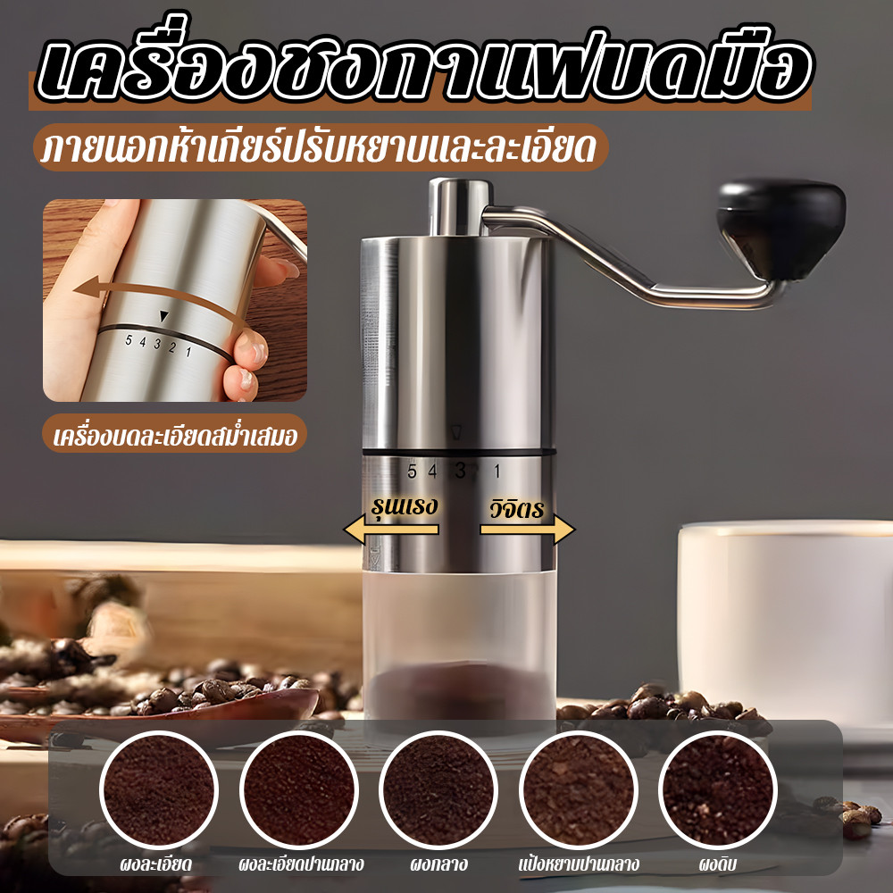 มืออาชีพบดกาแฟแบบมือหมุน เครื่องบดเมล็ดกาแฟปรับความละเอียดได้ขนาดพกพา