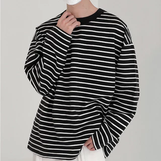 💥BECoolMan💥เสื้อยืดผู้ชายลายทางสีดำและสีขาว ระบายอากาศได้ดี ลำลอง คอกลม สีต่อ เสื้อยืดแขนยาว สไตล์เกาหลี สีดำ สีขาว