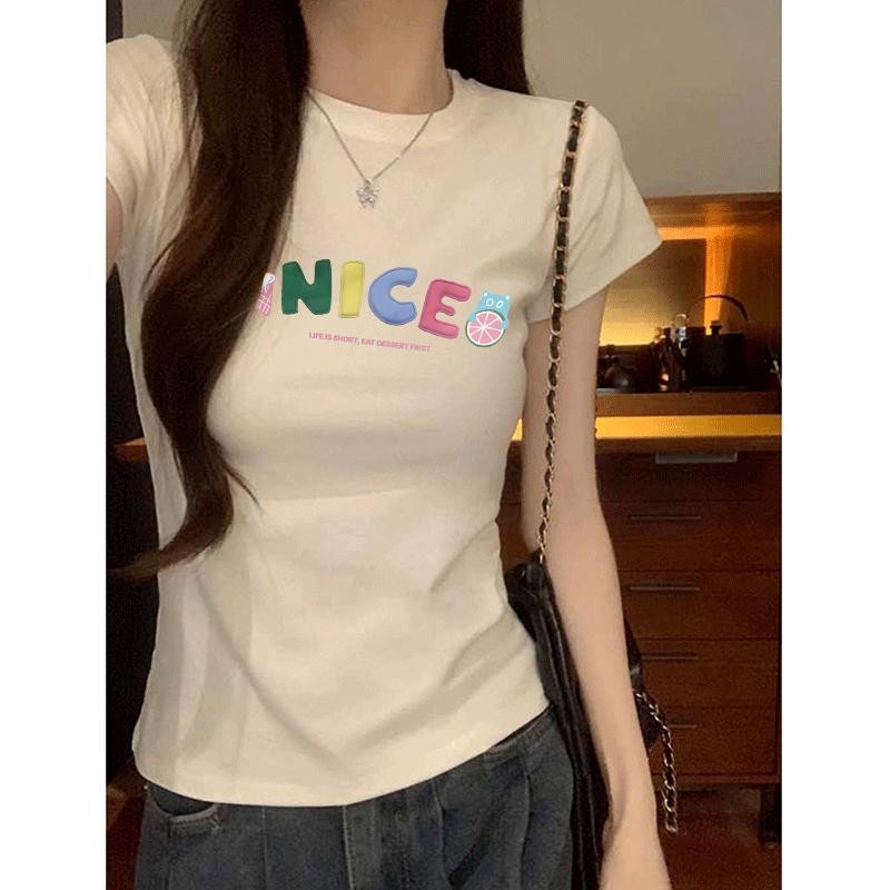 เสื้อยืดผ้าฝ้ายเกาหลี มาใหม่ พิมพ์ลายแบน โลโก้หวาน ทรงสลิมฟิต สไตล์เรียบง่าย เสื้อสั้น