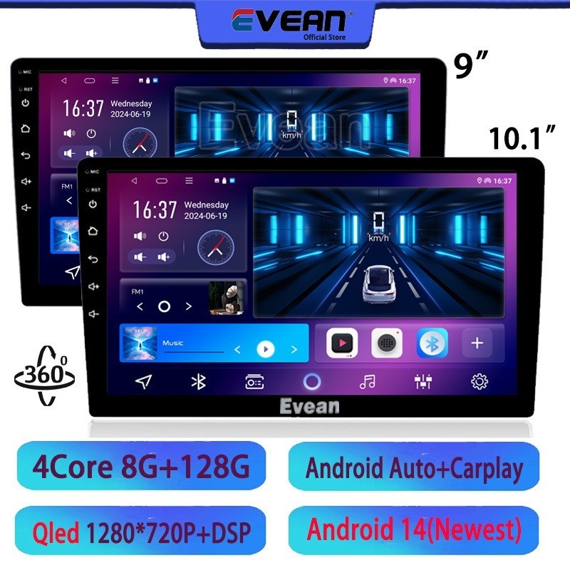 Evean[Qled 1280*720P Android14 ]9 "/10" นิ้ว 8G 128G QLED รถ Android Player 2din Android 14 บลูทูธรถวิทยุสเตอริโอหัวรองรับ 360 กล้องพาโนรามา Carplay Auto Wifi GPS