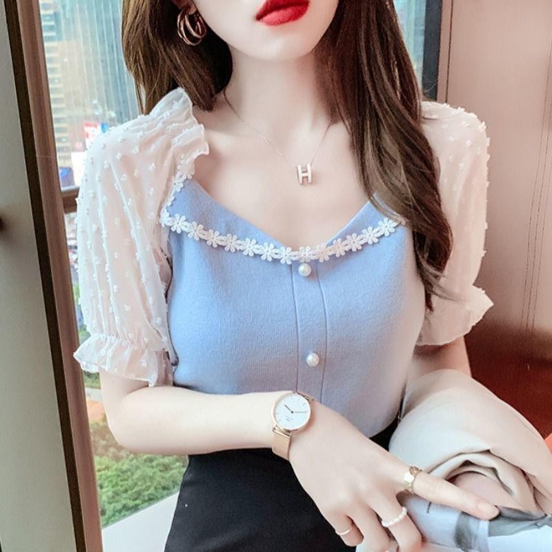 ฤดูร้อนสไตล์ใหม่แฟชั่นชีฟองเย็บยืดถักพัฟแขนSlim-fit Slimmerดู