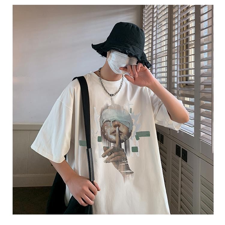 Basi เสื้อยืด oversize คอกลม UNISEX ลาย "quiet" อาร์ตๆ ผ้าคอตตอน โครตนิ่ม ใส่สบาย แนวสตรีทเท่ๆ ฮิปฮอป สไตล์เกาหลี